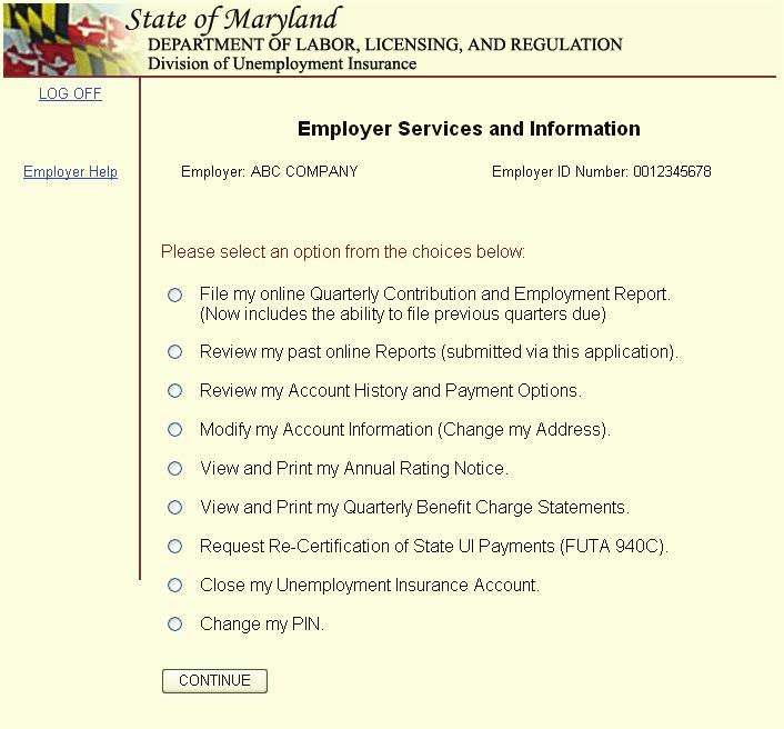 Employer Services and Information Menu This is the screen you will see upon successfully logging into the application.