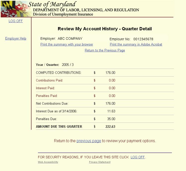 Review My Account History Quarter Detail This is the screen you will see when you click on a quarter details hyperlink.