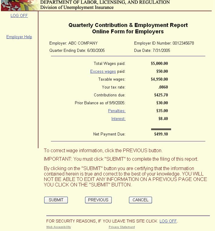 Summary of Contribution Report This is the summary of your filing information. You must click the SUBMIT button to complete the filing of this return.
