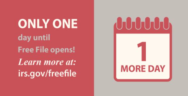 JANUARY 21, 2017 2 days until you begin preparing your taxes for FREE with IRS #FreeFile. Click below to learn more! www.irs.gov/freefile.