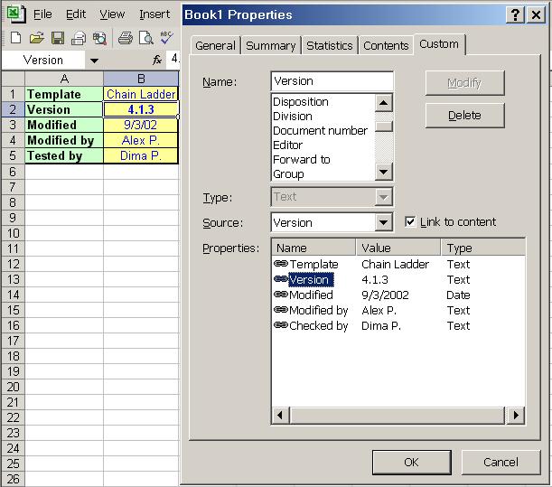 One can link Document Properties to Spreadsheet Cells Collection