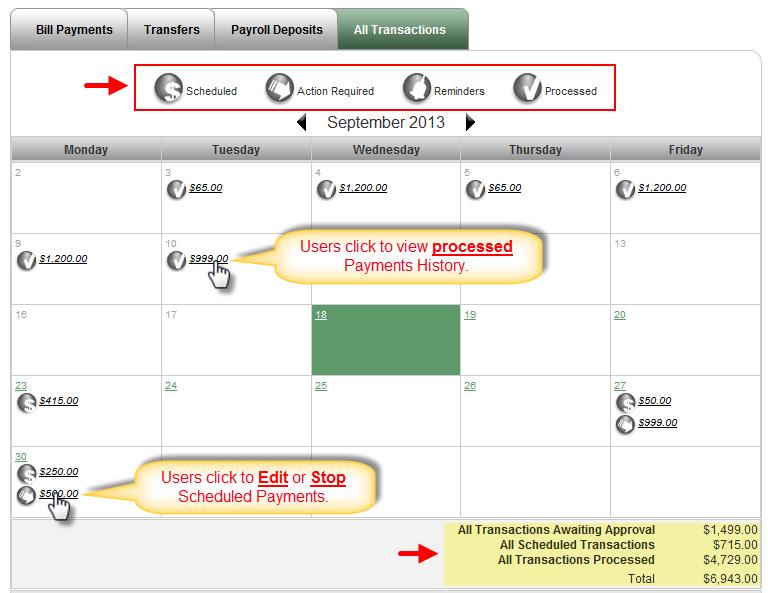 Calendar This is an overview of the months bill payment activity It will display