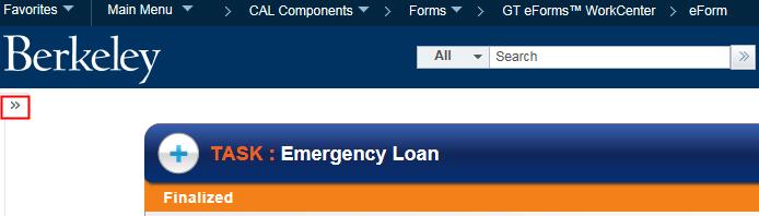 We can now return to our previous menu and View or Evaluate other loans. Click the arrow keys >> to open up the eforms menu. Or return to the Campus Solutions menu links at the top of the page.