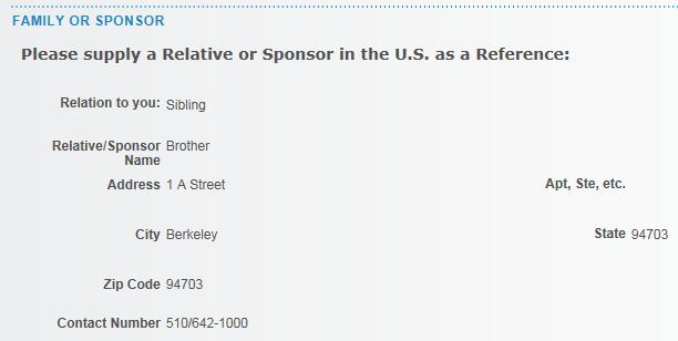 The next section will show a Relative or Sponsor in the United States.