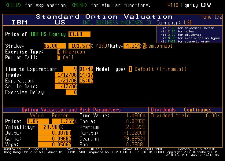Examples Bloomberg: standard OV of an option on IBM