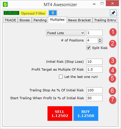 Multiples Tab This will place several trades into the market, and scale out as the trade develops. 1. Position size 2. # of positions to place.