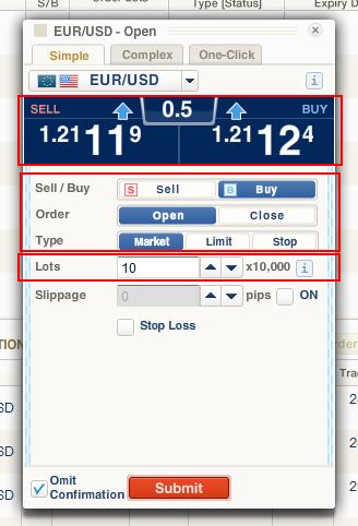 Select as follows: Sell / Buy To choose whether buy or sell the specified currency pair. Order Open: to open a new position. Close: to close an existing position.