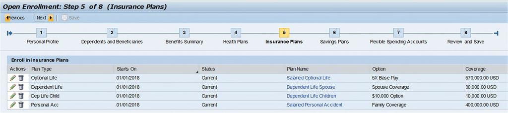 Step 5 Insurance Plans In this Step you can review your life and accident insurance plans and edit your current
