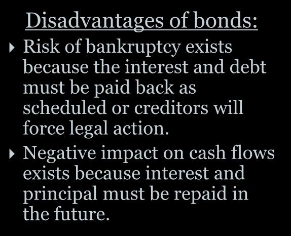 Characteristics of Bonds Payable Disadvantages of bonds: Risk of bankruptcy exists because the interest and debt must be paid back as scheduled
