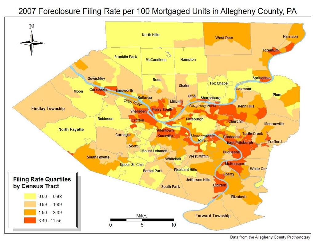 Page3 As illustrated in Map 1, the highest rates of foreclosure are found in communities along the three rivers that define the local geography the Ohio, Allegheny, and Monongahela Rivers in both