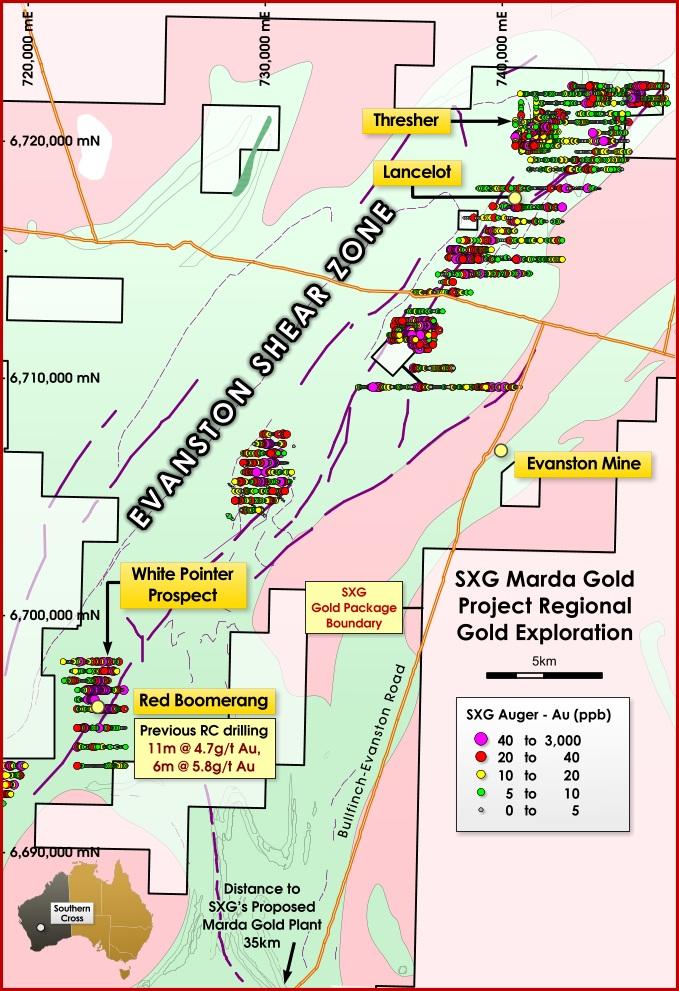 Gold Exploration Marda SXG continued systematic regional auger drilling soil sampling programme within its extensive Marda tenement package.