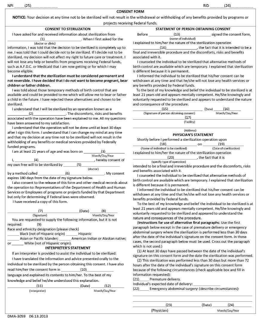 Amended Date: July 1, 2013 Attachment C: The Consent Form Copies of the Sterilization Consent