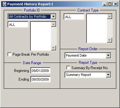 Payment History Report - Demonstration Chapter: {#1} Open the Payment History Report from the Reports Menu. This report provides a historical record of payments for all contracts in the system.