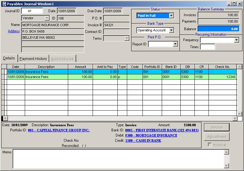 Payables Journal Window - Demonstration Chapter: The Payables Journal Window is where you add, edit and view payables transactions (expenses).