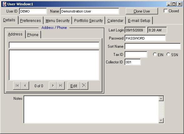 User Window - Demonstration Chapter: The User Window is where you can create and edit User IDs and Passwords for access in logging into the software.