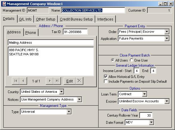 Management Company Window - Demonstration Chapter: The Management Company Window contains the name, address, tax id and contact information for the primary management company.
