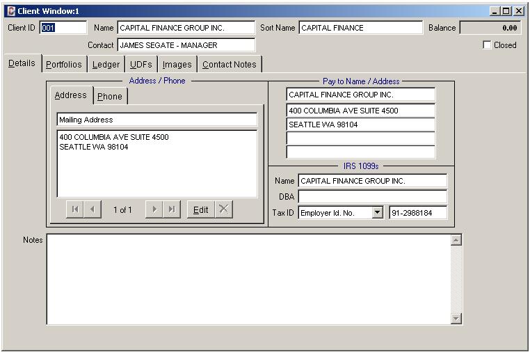 Client Window - Demonstration Chapter: The many data entry windows included in Contract Collector are your direct access to the data in the system. Each window is accessed from its appropriate menu.