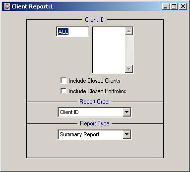 Client Report - Demonstration Chapter: As you will see in the Client Report you are about to run, there are four (4) clients in the sample data. Their Client IDs are 001, 002, 003 and 004.