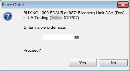 Page 94 Entering Iceberg Orders An iceberg order is a limit day or GTC order that has both a total quantity and a display quantity that is shown publicly on the order book.