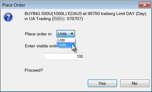The order type icon changes: 2. Place your order. This confirmation opens: 3. If you are trading in units, change Lots to Units, if necessary.