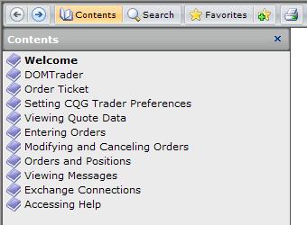 Page 146 Getting Help The Help menu at the top of the CQG Trader window provides access to online help, a list of tradable symbols, a quick reference for keystrokes, and FCM contact information.