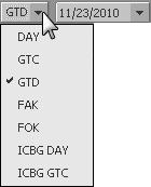 Page 15 Order duration menu DAY, GTC (good-till-cancelled), GTD (good-till-date), FAK (fill and kill), FOK (fill or kill), and ICBRG (Iceberg) are the order duration options. DAY is the default.