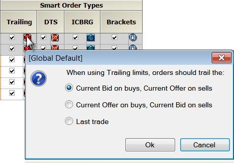 Page 43 Smart Order Types Select the check boxes to enable trailing, DOM-triggered stops, iceberg, and bracket orders. To set default parameters for each type, click the order type icon.