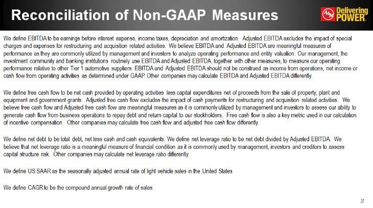 Reconciliation of Non-GAAP Measures We define EBITDA to be earnings before interest expense, income taxes, depreciation and amortization.