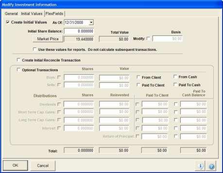 Entering Investments Initialize Investment Values Screen You can tell Advisors Assistant to use these values as final values for reports, or to use transactions that occurred after the initialization