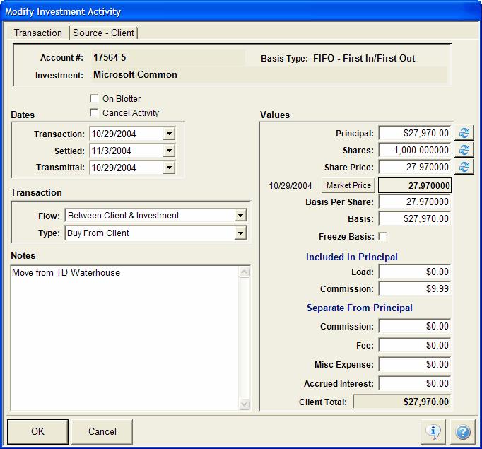 Investment Transactions If you add a Transaction from the Account Level, you can only add transactions to the Cash Acount. 3. You are now viewing that individual investment information.