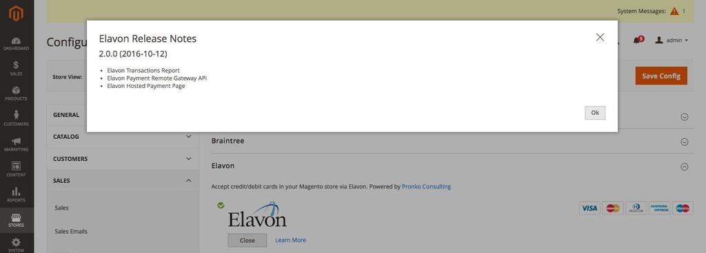 The Release Notes link next to Module Version number opens Elavon Payments Release Notes popup with all release versions and changes