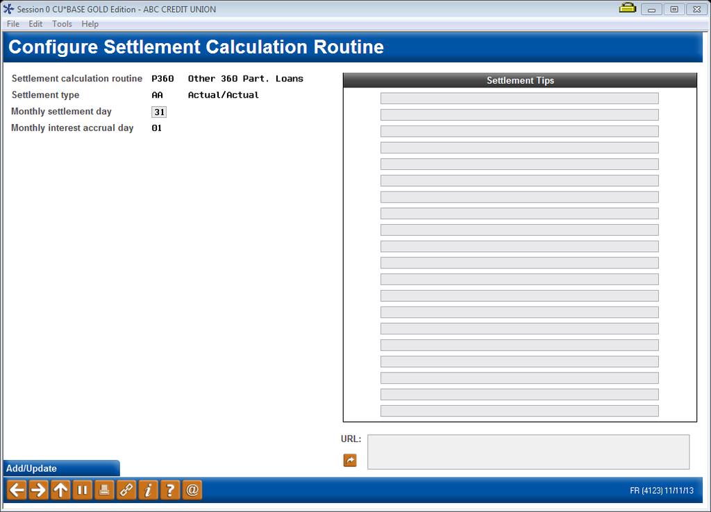 Screen 2 P360 This screen is used to configure the Settlement Calculation Routines for the credit union. This routine determines how a participation loan is handled during the settlement process.