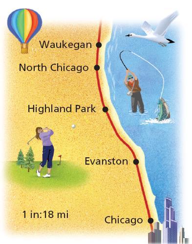 Your Turn: The actual distance between North Chicago and Waukegan is 4 mi. What is the distance between these two locations on the map?