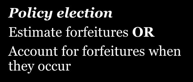Forfeitures Current Guidance versus Simplified Guidance Estimate of forfeitures required Policy election Estimate forfeitures OR Account for forfeitures when they occur Rationale/Implications