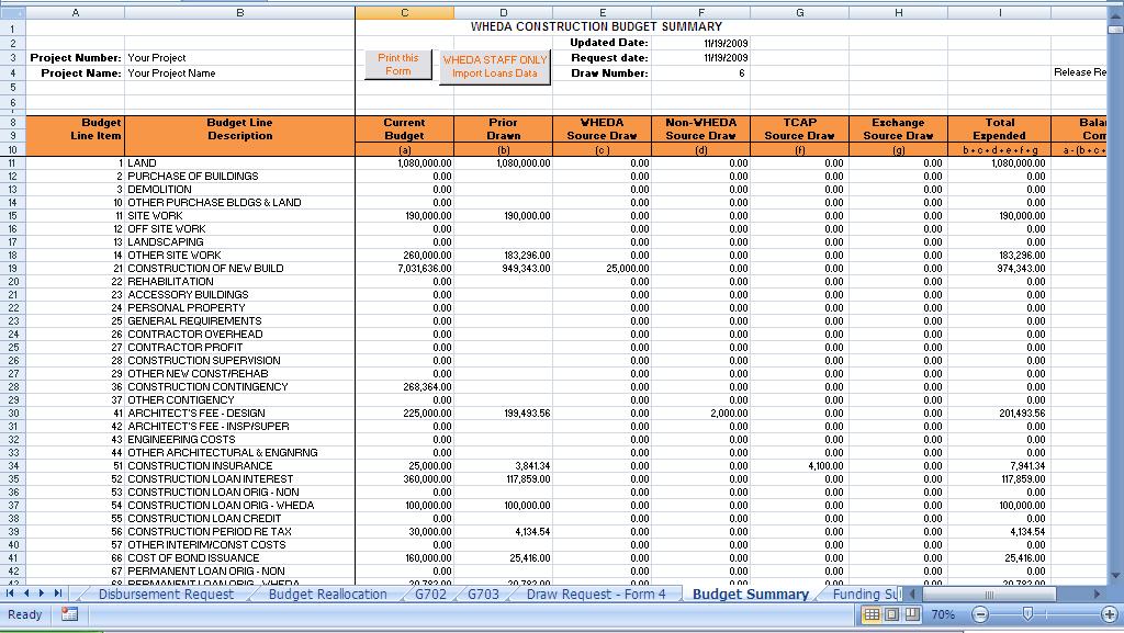 Budget Summary Tab When you first receive this spreadsheet from WHEDA, the Budget Summary tab shows the history of the project s draws by line item number and by source of funds.