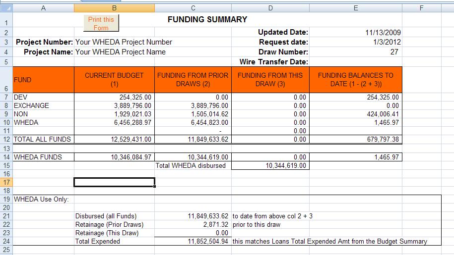 Funding Summary Tab When you first receive this spreadsheet from WHEDA, the Funding Summary tab shows the history of the project s source of funds disbursed.