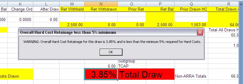 Overall Hard Cost retainage on request less than the minimum 5% This error message displays and also displayed is the percentage retainage for the hard costs on this