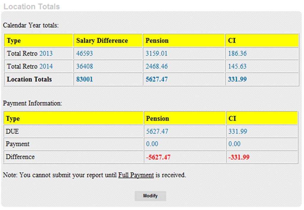 LOCATION TOTALS SCREEN The location totals screen displays the following fields: Salary Difference the salary difference for all members at your location for this retro increase Pension the pension