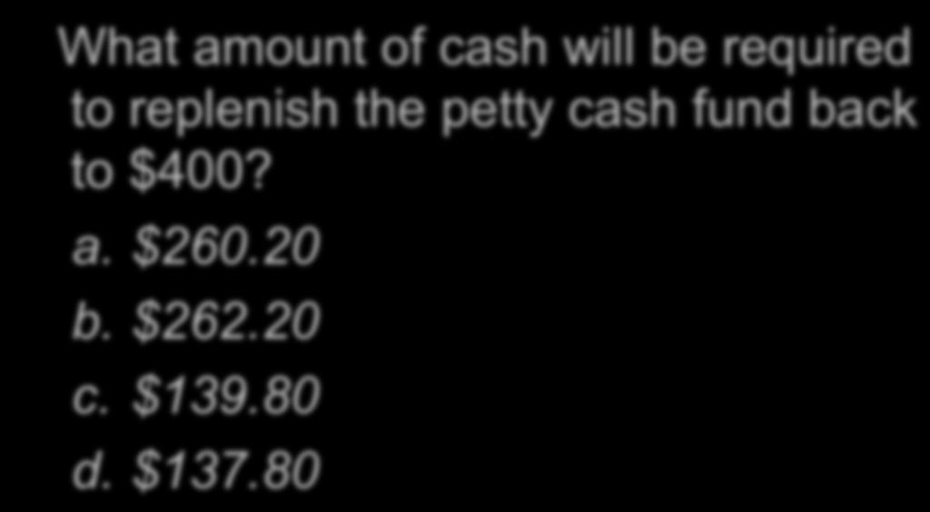 P2 Petty Cash Example What amount of cash will be required to replenish the