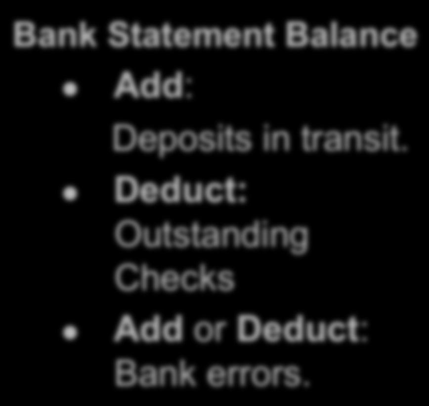 P3 Reconciling Items Bank Statement Balance l Add: l l Deposits in transit.