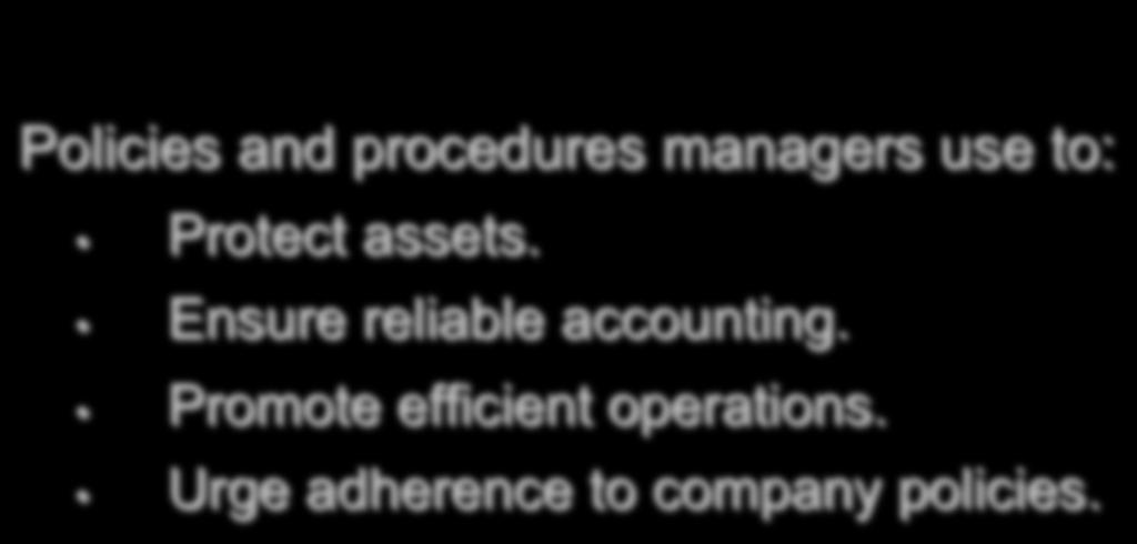 C 1 Purpose of Internal Control Policies and procedures managers use to: Protect assets.