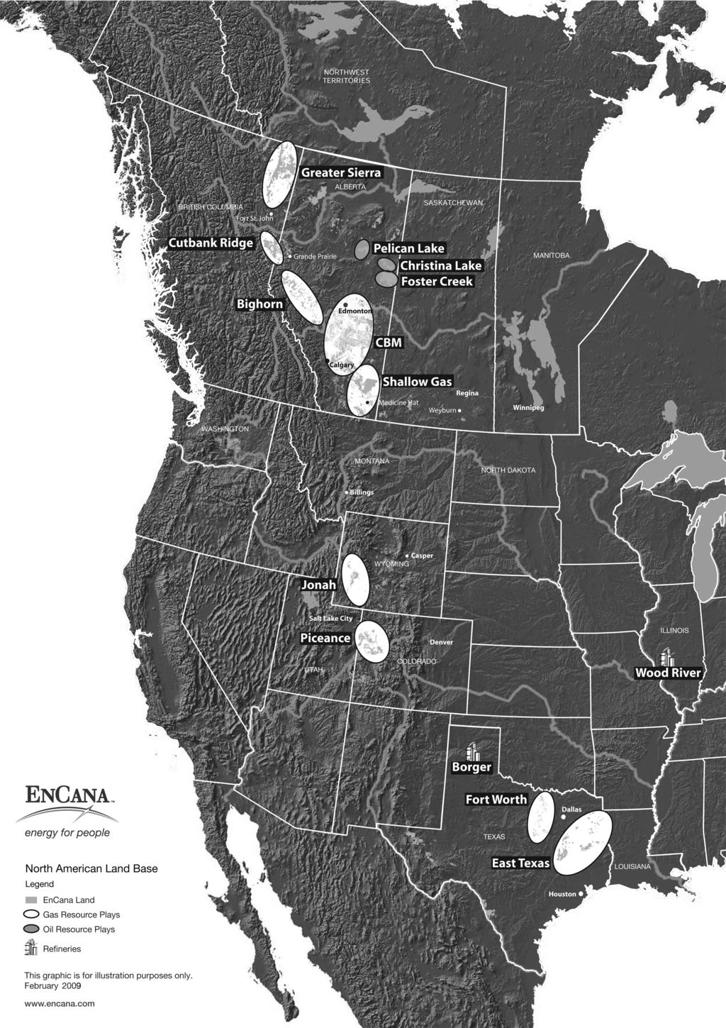 NARRATIVE DESCRIPTION OF THE BUSINESS The following map outlines EnCana s onshore North America landholdings and key
