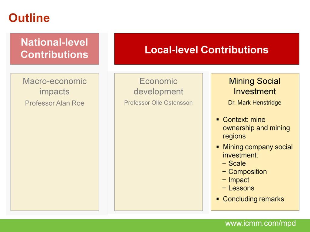 This presentation will review mines social investment: Mines spend quite a lot of money on a range of activities this is shaped by legacy obligations and expectations, as well as