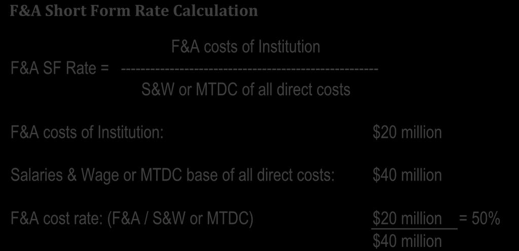 F&A Short Form Rate Calculation F&A costs of Institution F&A SF Rate = ----------------------------------------------------- S&W or MTDC of all direct costs F&A costs of Institution: Salaries & Wage
