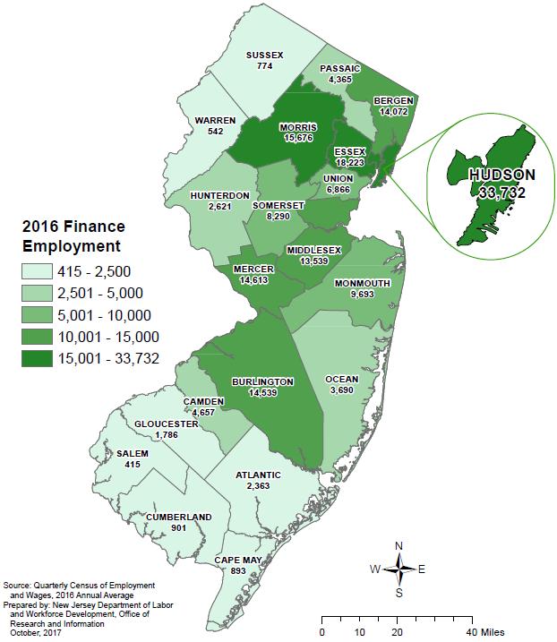 FINANCIAL SERVICES EMPLOYMENT BY COUNTY Finance and Insurance Employment by County - 2016 Hudson County is New Jersey s smallest county (by land area), yet it is home to far more of the state s