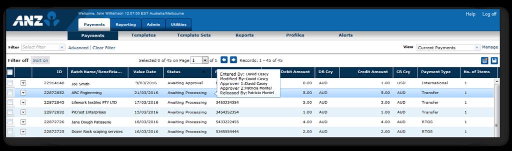THE PAYMENT LIST VIEW You can use the Status column in the Payment List view to quickly check the basic audit trail for a payment before approving or releasing.