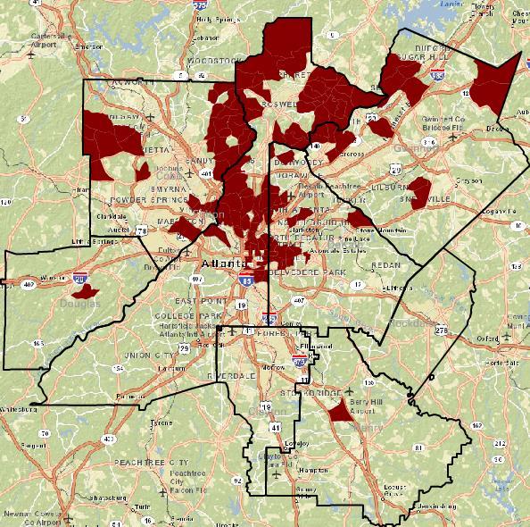 Again, the largest declines in income occurred in southern DeKalb, Clayton, south Fulton and areas near Marietta and Norcross.