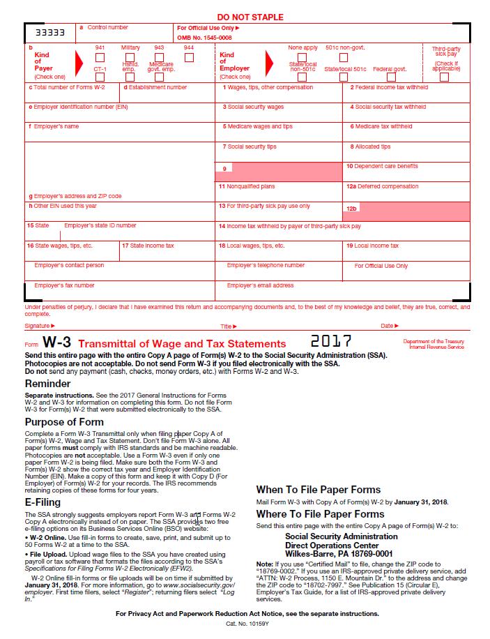 Form W-3 Transmittal of Wage and Tax