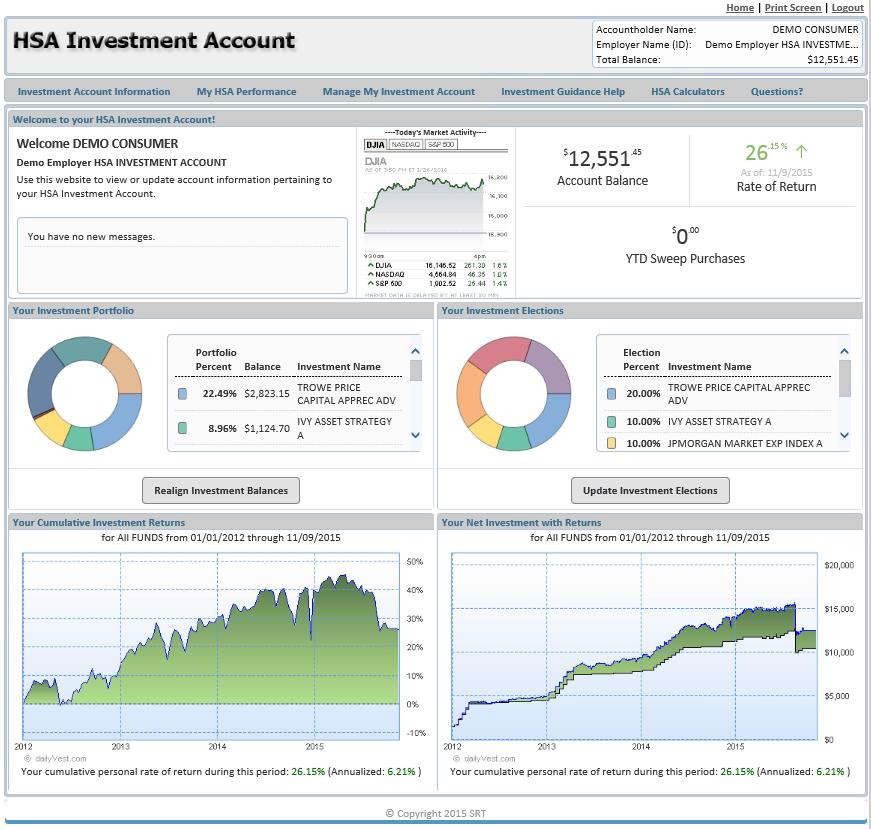 PNC BENEFIT PLUS HSA INVESTMENT USER GUIDE Home Page and Dashboard Navigation Top Right Quick Link Options: Home (will always return to the screen below), Print Screen and Logout.