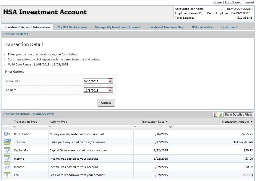 Investment Account Information Tab >Transaction History Detailed View To view a more detailed view of your investment transactions click the Show Detailed View button in the top